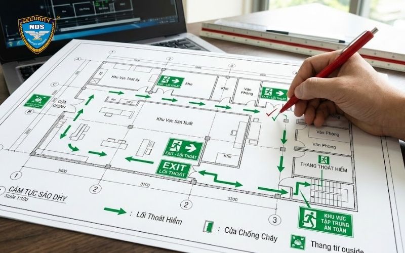 Đánh dấu các lối thoát hiểm, thang thoát hiểm và cửa chính