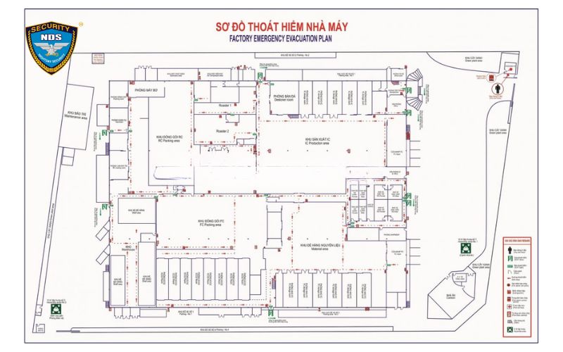 Sơ đồ thoát hiểm cho nhà xưởng sản xuất nhiều khu vực, máy móc thiết bị
