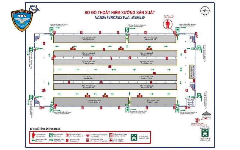 Sơ đồ thoát hiểm cho nhà xưởng với dây chuyền công nghệ may mặc