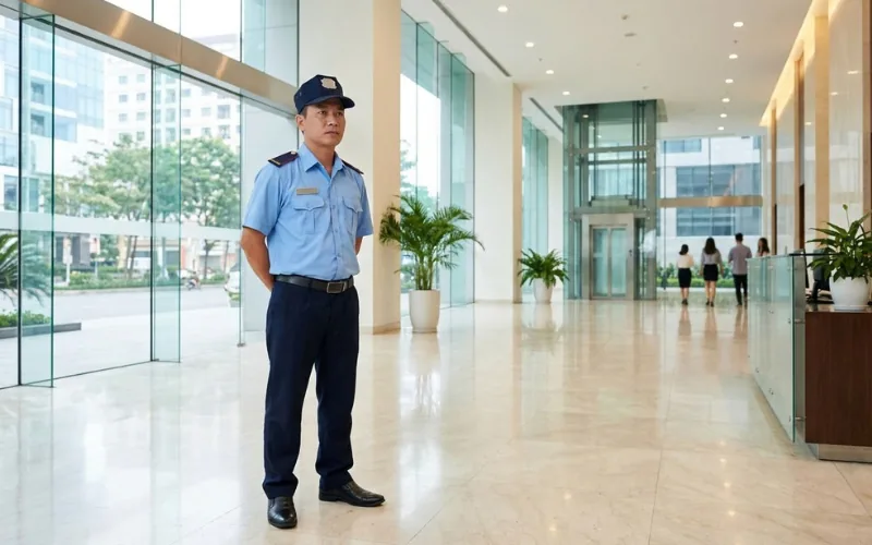 Nhân viên bảo vệ trực một mình tại sảnh thang máy tòa nhà