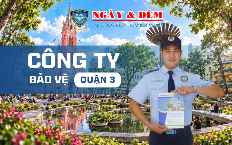 Công ty bảo vệ tại Quận 3, nhân viên Ngày & Đêm cầm hồ sơ năng lực bên Hồ Con Rùa, phía xa là nhà thờ Tân Định